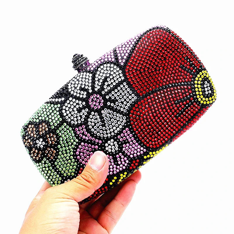 Multi-Flower Rhinestone Clutch | Sophisticated Luxury Diamond Wedding Purse | Elegant Crystal Dinner Handbag | "Dignified" Hard-Shell Designer Minaudière for Formal Party Styling Luxegan