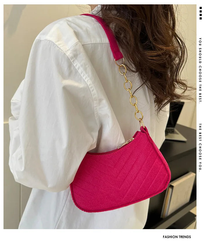 Fashion Felt Mini Shoulder Bag for Women | Design Advanced Crescent Saddle Underarm Handbag with Chain Detail Luxegan