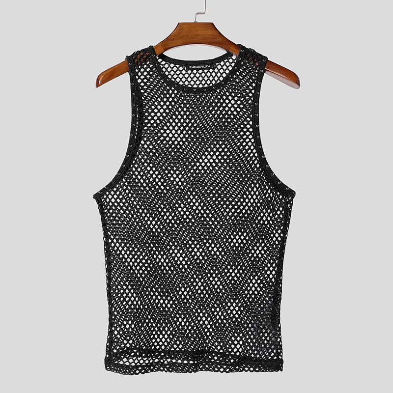 Men’s Solid Color Hollow-Out Mesh Tank Top | Sophisticated "See-Through" Streetwear Silhouette | Elegant Summer Sexy Fashion Vest | "Dignified" High-Performance Men's Clothing for Radiant Versatile Styling Luxegan