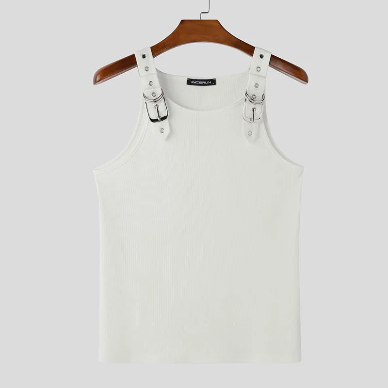 Fashion New Men's Deconstruction Mesh Vest | Sophisticated "City Walk" Metal Buckle Silhouette | Elegant Solid Comfortable Tank Top | "Dignified" High-Performance Summer Top for Radiant Versatile Styling Luxegan