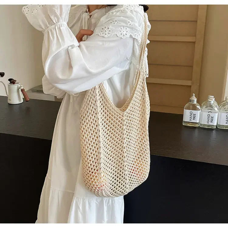 Women’s Solid Crochet Tote Handbag | Hollow Woven Summer Mesh Beach Bag | Large Capacity Aesthetic Knitting Hobo Bag | Casual Underarm Crochet Shoulder Bag Luxegan