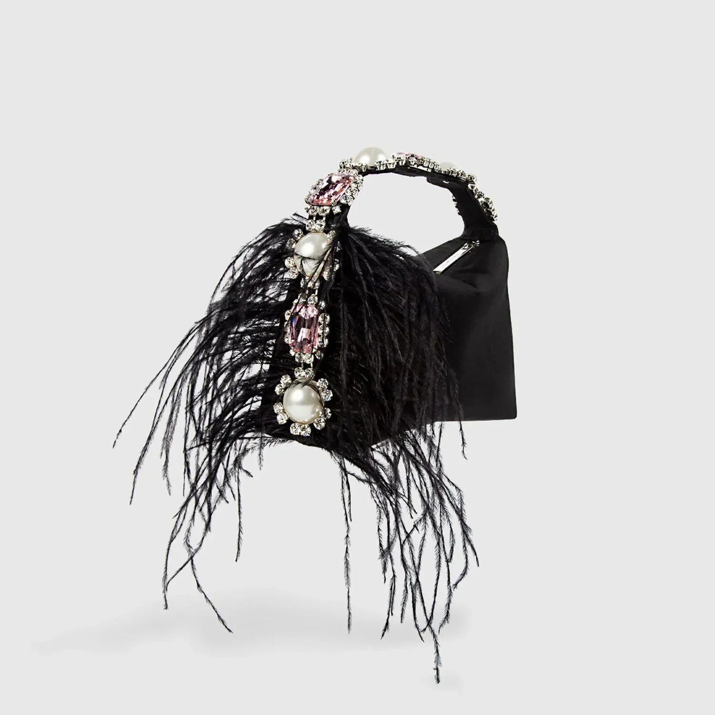 Luxury Feather & Pearl Evening Clutch | Designer Satin Wedding Purse with Diamond Decoration | Fashionable Sparkling Square Party Tote | Elegant White Satin Flap Handbag Luxegan