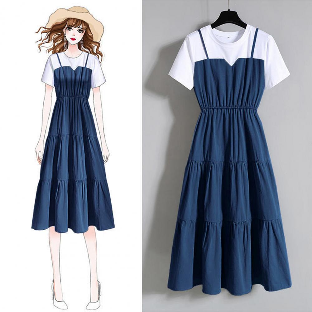 Solid Round Neck Short Sleeve Loose Fit-and-Flare Mid-Calf Dress – Elastic Waist, Spring/Summer Luxegan