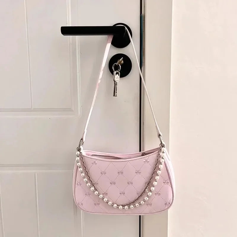 Women's Shoulder Bag | Elegant Cute Bow Pearl Chains & Embroidery Handbag (Casual Leather Korean Fashion Female Handbag) Luxegan