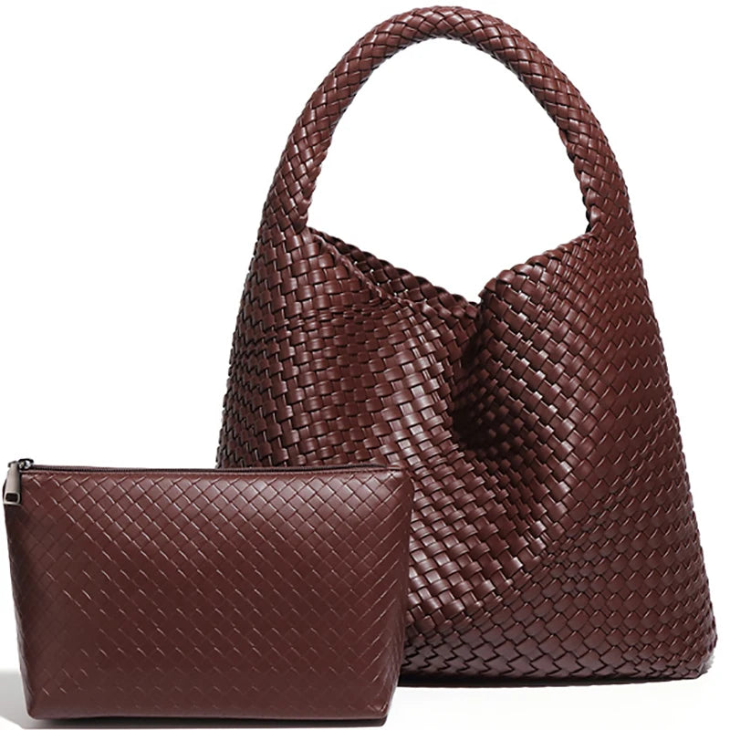 Large Woven PU Leather Shoulder Bag | Soft Summer Beach Shopper with Purse Luxegan