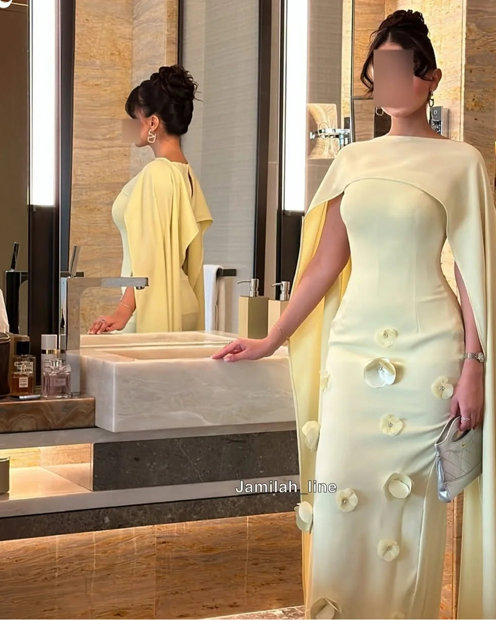 3D Flower Mermaid Evening Gown with Shawl | Bespoke Satin Formal Dress Dubai Style Luxegan