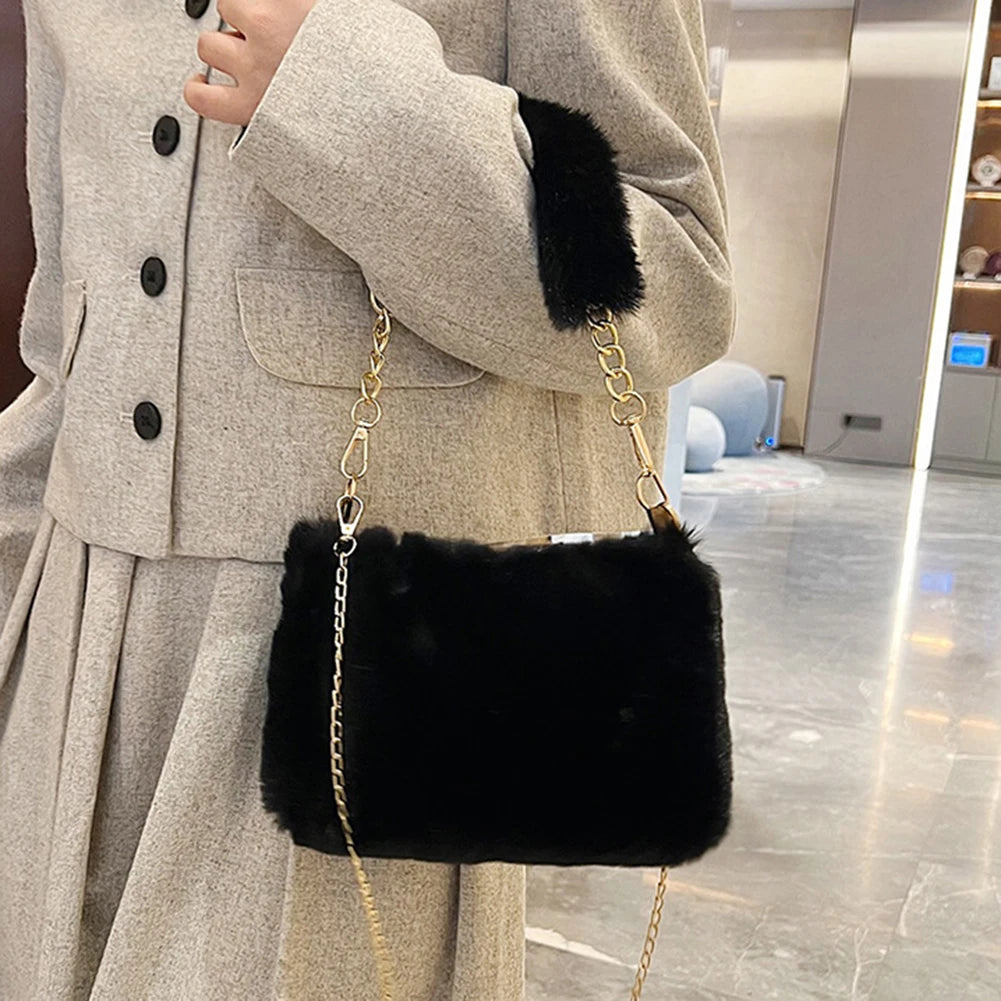 Fuzzy Plush Top Handle Bag | Soft Faux Fur Chain Crossbody Luxegan