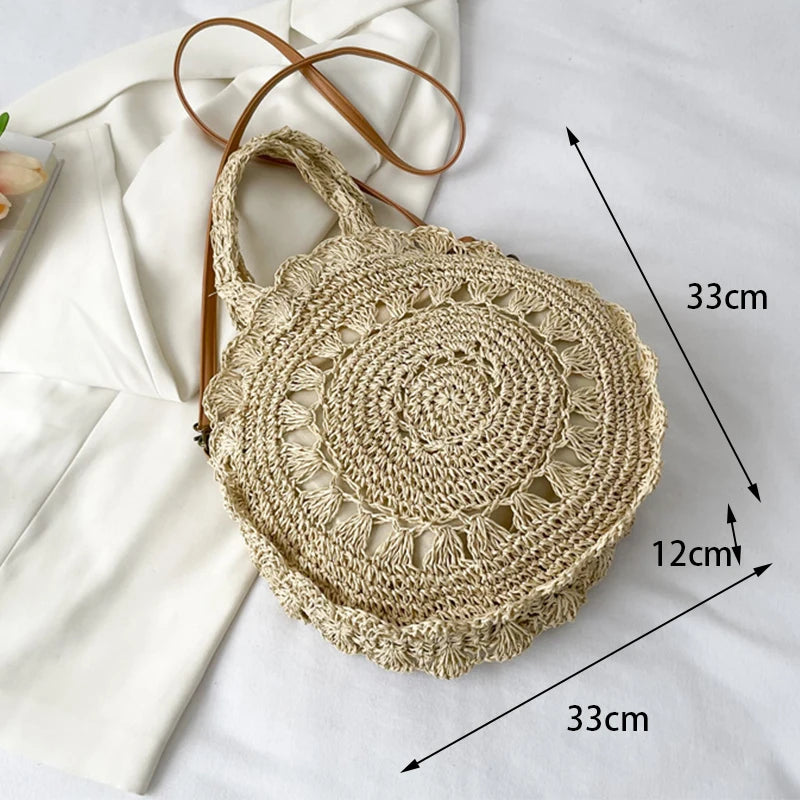 Summer Round Woven Straw Bag | Sophisticated Hollow-Out Handle Rattan Tote | Elegant Circular Beach Shoulder Bag | "Dignified" Soft Knitted Shopper for Versatile Vacation Styling Luxegan