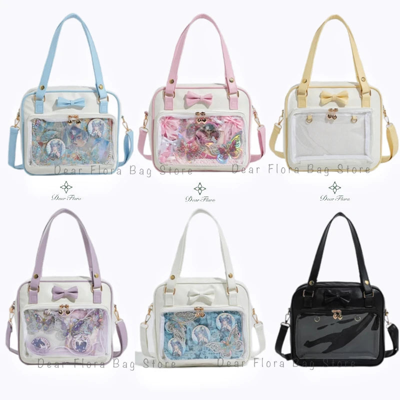 Y2K Cute Bow Ita Bag | Transparent DIY Messenger Bag for Girls | Fashionable Lolita Crossbody & Shoulder Bag | Clear Display Badge Tote for Anime Fans (Model 231) Luxegan