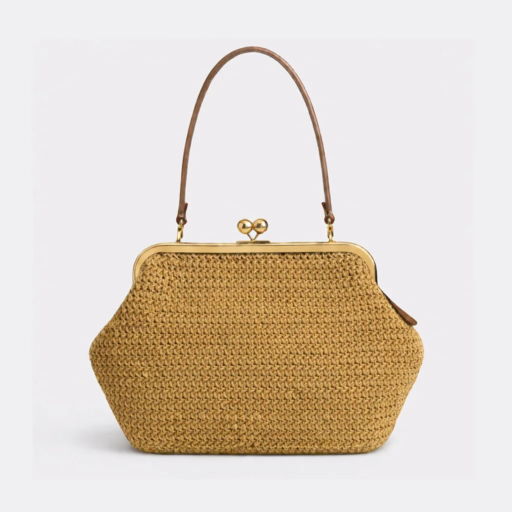 Large Striped Woven Shell Clutch | Sophisticated "Beach Vacation" Silhouette | Elegant Designer PP Straw Handbag | "Dignified" High-Performance Summer Essential for Radiant Versatile Styling Luxegan