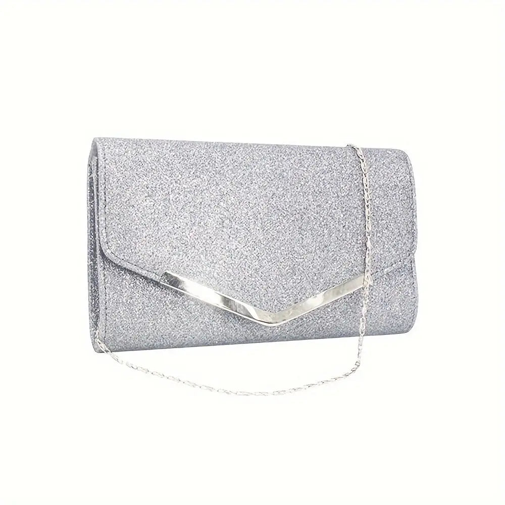 1pc Sparkling Silver Long Wallet Clutch | Ladies' Dinner Bag with Chain | Elegant Square Evening Purse for Weddings and Parties Luxegan