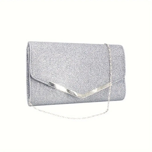 1pc Sparkling Silver Long Wallet Clutch | Ladies' Dinner Bag with Chain | Elegant Square Evening Purse for Weddings and Parties Luxegan