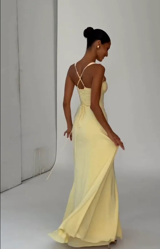 Women's Elegant Yellow Low-Cut Backless Maxi Dress | High-Waisted Lace-Up Waist Cincher Party Gown | Short Puff Sleeve Hollow-Out Club Dress | Premium Tatting Slight Stretch Mid-Calf Fit and Flare Luxegan