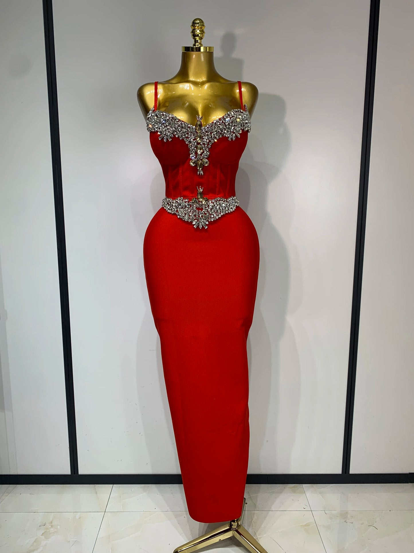 V-Neck Rhinestone Embellished Backless Bodycon Maxi Dress | Sleeveless Luxury Bandage Evening Party Dress Luxegan