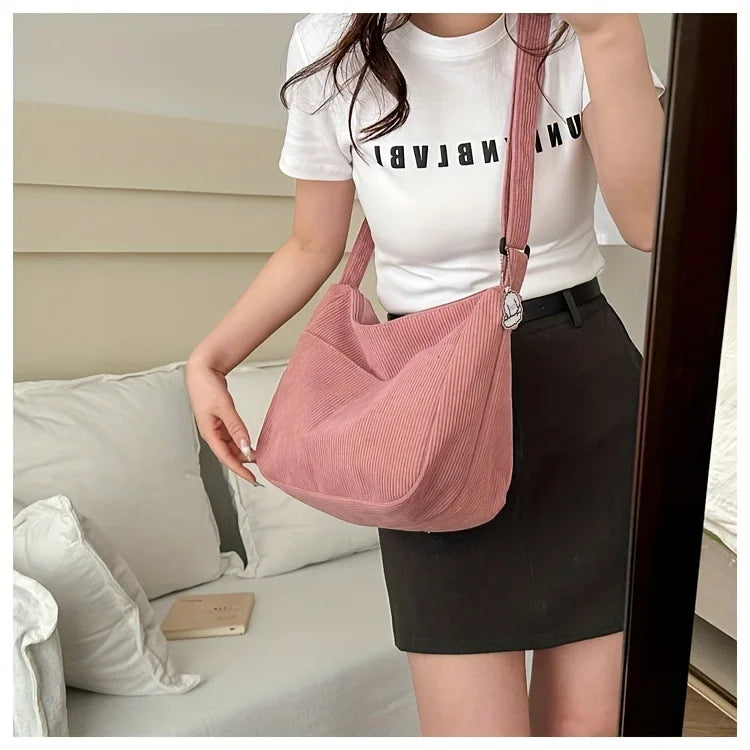 Women's Corduroy Shoulder Bag | Casual Striped Large Capacity Tote with Zipper (Cute Hat Patch, Everyday Use) Luxegan