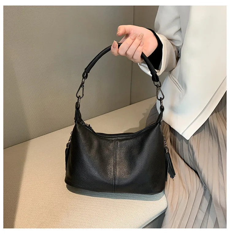 Genuine Leather Women's Bags | Fashion Tassel Women's Handbags & Crossbody Bags (Solid Colours Satchel Large Capacity) Luxegan