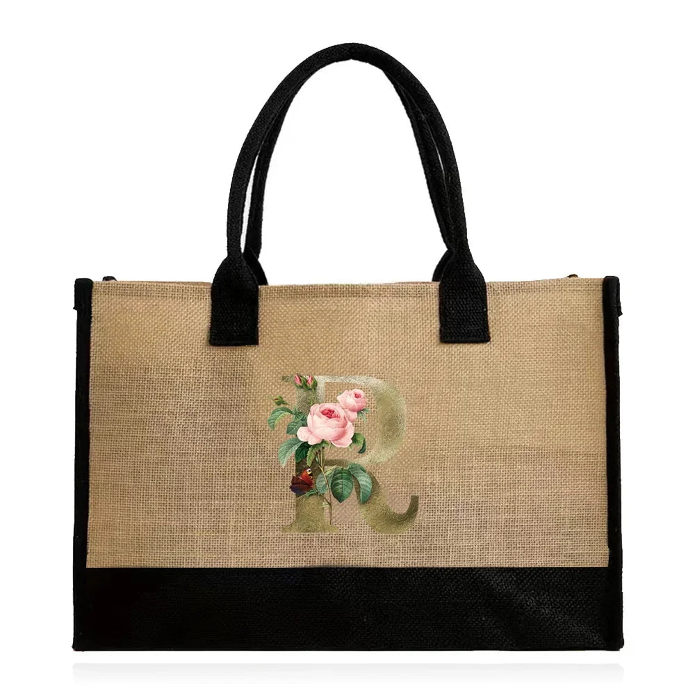 Handmade Jute & Canvas Beach Shopper | Large Capacity Portable Grocery Organizer | Eco-Friendly Woven Women’s Handbag with Golden Flower Pattern Luxegan
