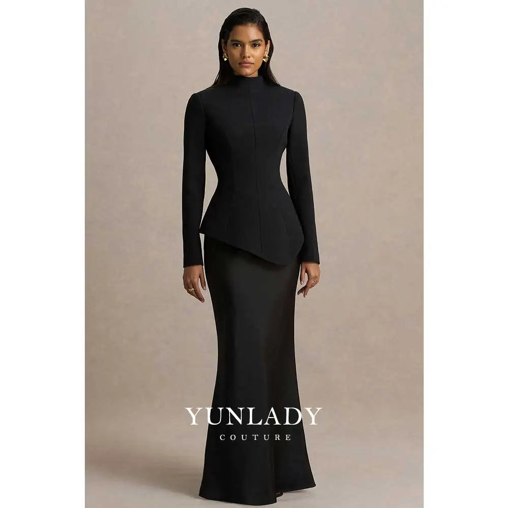 YUNLAN Gorgeous Saudi Arabian Ivory High Neck Custom Satin Wedding Dress 2025 Muslim Women's Formal Party Black Long Sleeve Gown