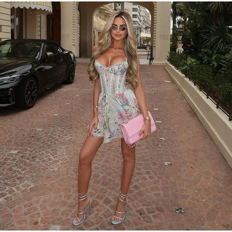 Floral Print Lace Patchwork Mini Dress Sleeveless Flared Hem Waist-cinching Spaghetti Strap Dresses Summer Chic Elegant Gown