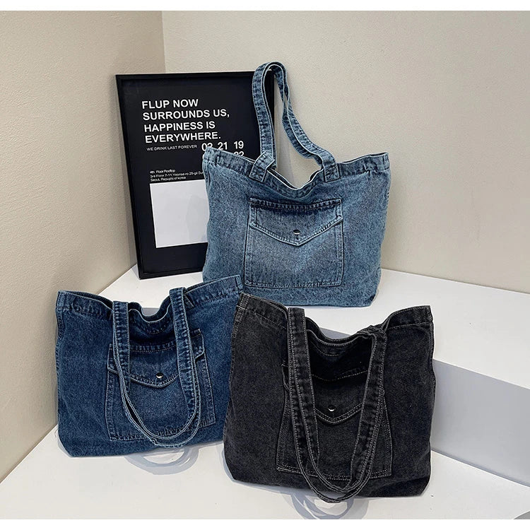 Fashion Luxury Women’s Denim Shoulder Bag | High-Quality Fabric Large Capacity Tote | Sophisticated Multi-Functional Handbag | Fashion-Forward Square Denim Crossbody with Exterior Flap Pocket Luxegan
