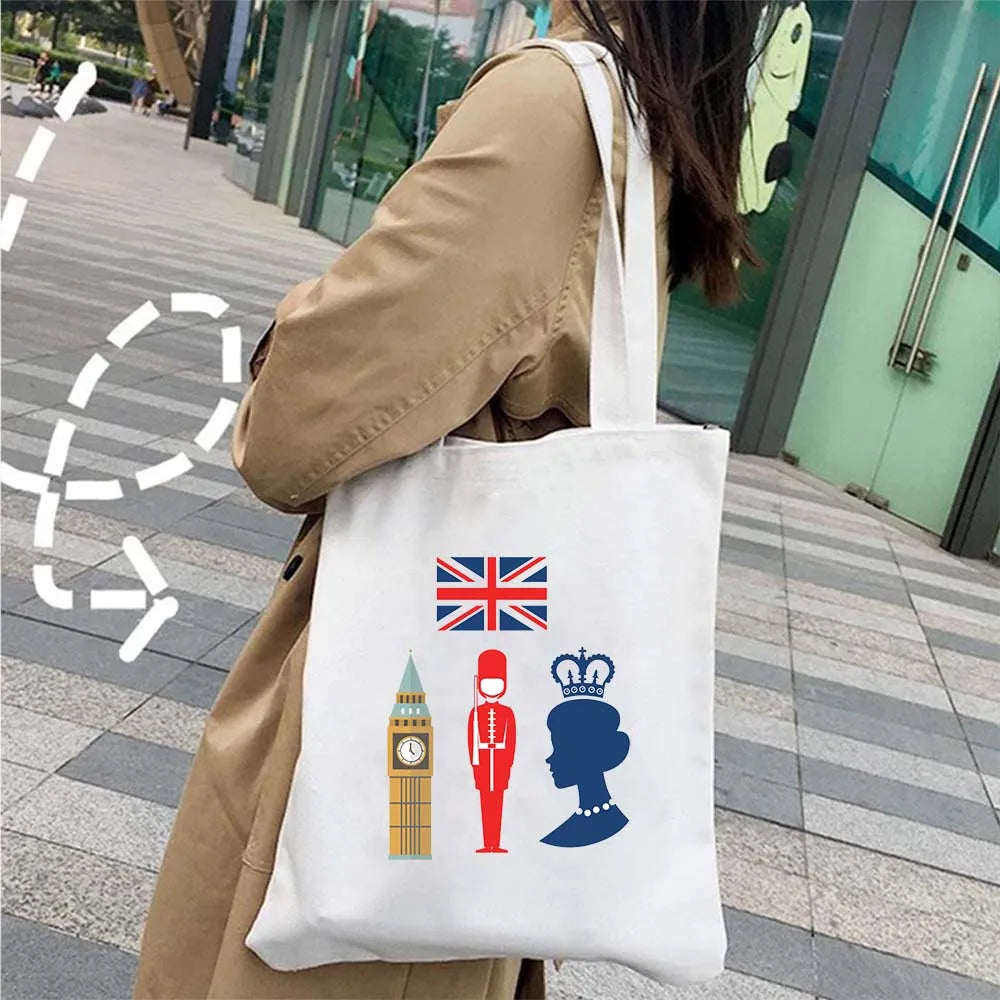 London Big Ben England Map Flag Canvas Tote Bag | UK City Landscape Skyline Shoulder Shopping Handbag (Women's Tourist Gift) Luxegan