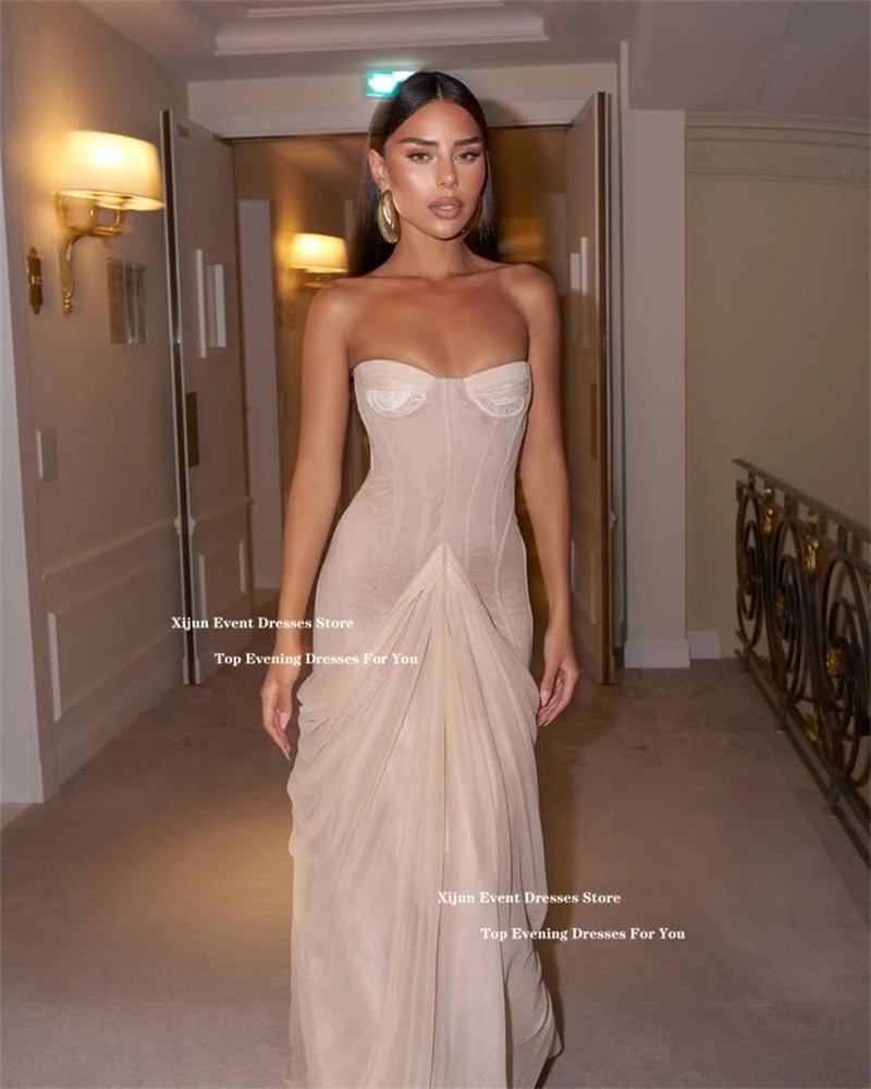 Xijun Blush Pink Chiffon Long Evening Dresses Sweetheart Mermaid Formal Prom Dresses Sleeveless Saudi Arabric Prom Gowns Customi