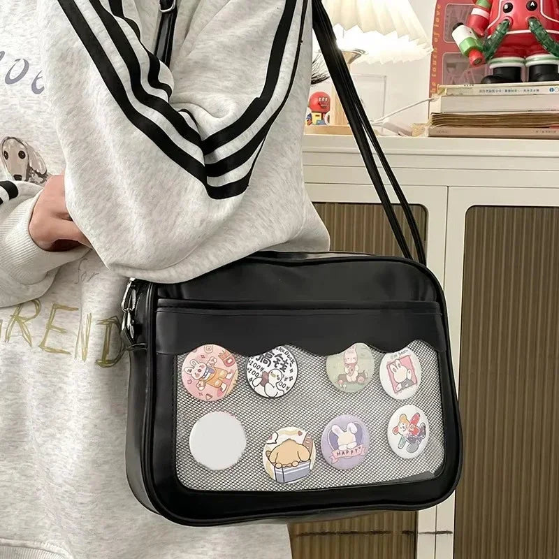 Women's PU Transparent Pocket Ita Bag | High School Girls JK Uniform Crossbody Shoulder Handbag (Fashion Satchel) Luxegan