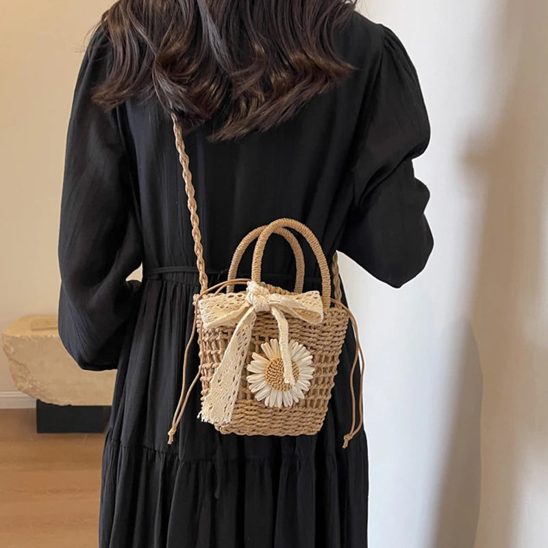 New Weave Lace Bow Handbag | Dacron Square Shape Straw Weave Bag & Small Bucket Tote Luxegan