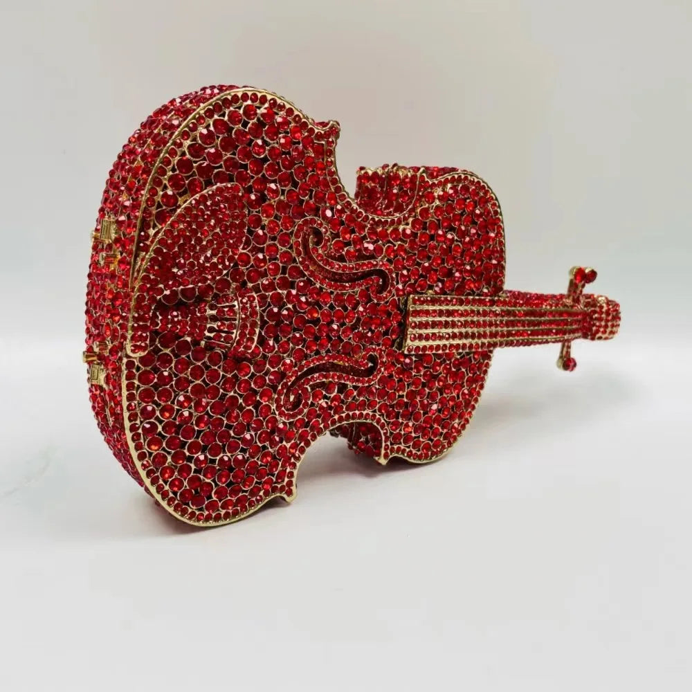 Luxury Violin-Shaped Crystal Evening Clutch | Sophisticated Rhinestone-Encrusted Dinner Purse | Elegant Bridal Handbag with Genuine Leather Lining | "Dignified" Structured Minaudière for High-Fashion Events Luxegan
