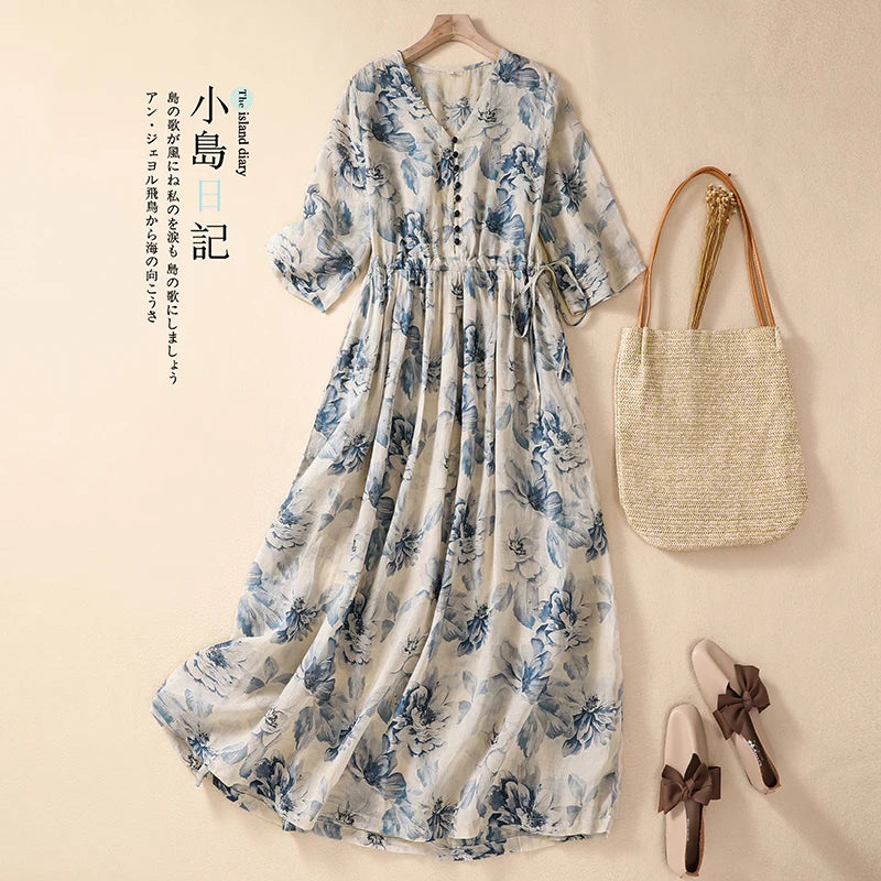 Print Bohemian V-Neck Short Sleeve Slim A-Line Ankle-Length Dress with Fold Detailing – Slight-Stretch Cotton-Polyester Blend, Elasticated Waist, Summer Luxegan