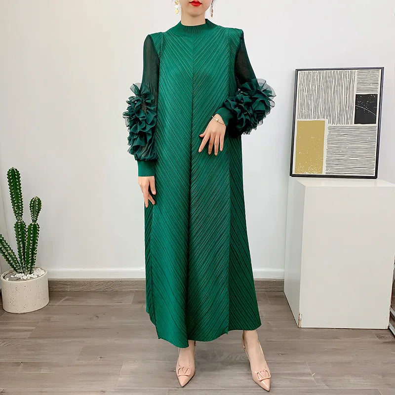Solid Round Neck Long Sleeve Knotted Flower Trim Loose Fit Mid-Calf Dress – Natural Waist, Summer Luxegan