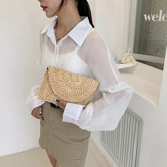 Artisan Corn-Husk Weave Dinner Clutch | Sophisticated Simple Straw Summer Purse | Elegant Embroidered Vacation Handbag | "Dignified" Soft Satchel Wallet for Versatile Seasonal Styling Luxegan