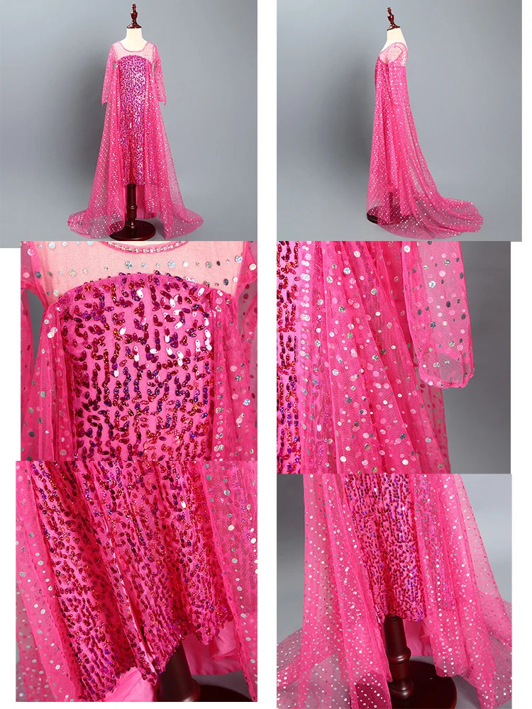 Little Girls Summer Cinderella Dance Sequin Clothing Kids Birthday Fancy Maxi Princess Style Cosplay Dress Long Sleeve Ball Gown