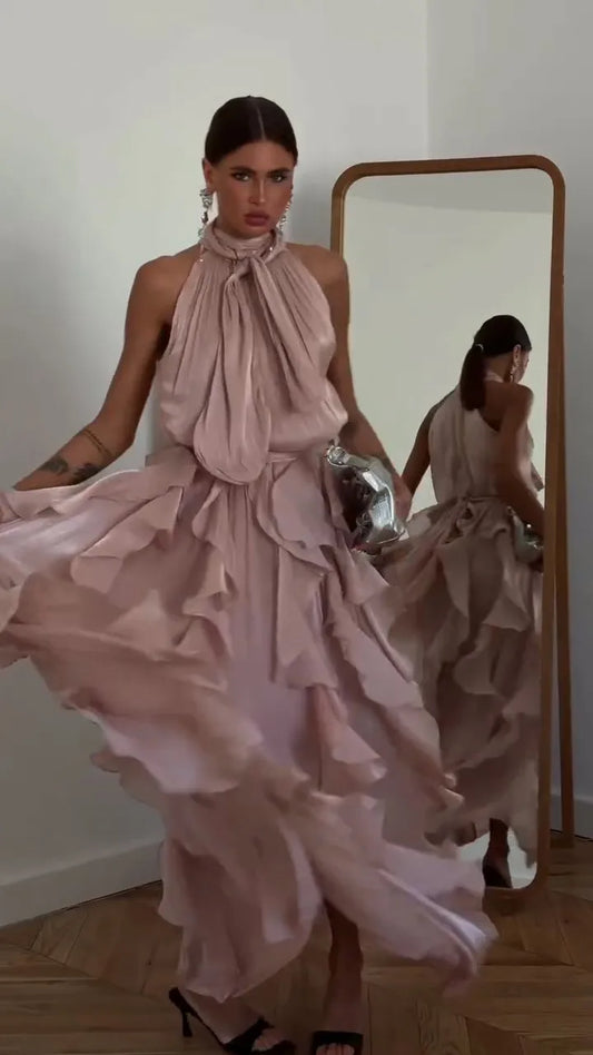 Sexy Cascading Ruffle Pleated Long Dress | Elegant Asymmetrical Neckline Lace-Up Gown | Sleeveless Empire Styling A-Line Maxi Dress | Premium Tatting Slight Stretch Floor-Length Robe Luxegan