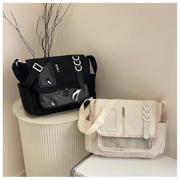 New Y2K Japanese Harajuku School Bag | Transparent Crossbody Ita Bag for Girls | DIY Badges Display Plate Shoulder Satchel Luxegan
