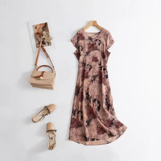 Print Round Neck Flare Sleeve Loose Straight Midi Dress – Mulberry Silk, Summer