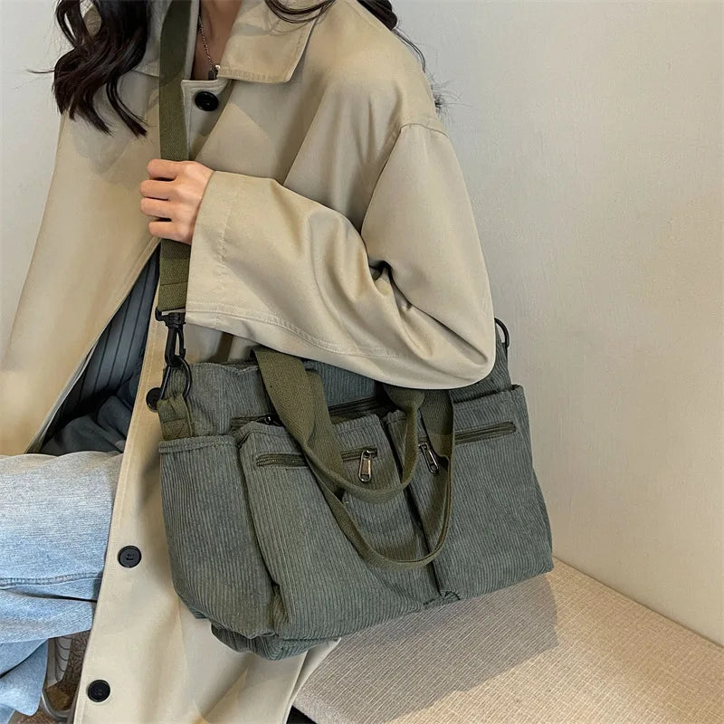 Female Large Capacity Corduroy Tote Bag | New Korean Style Fashion Women's Shoulder Crossbody Bag (Worker Commuter Handlebag)