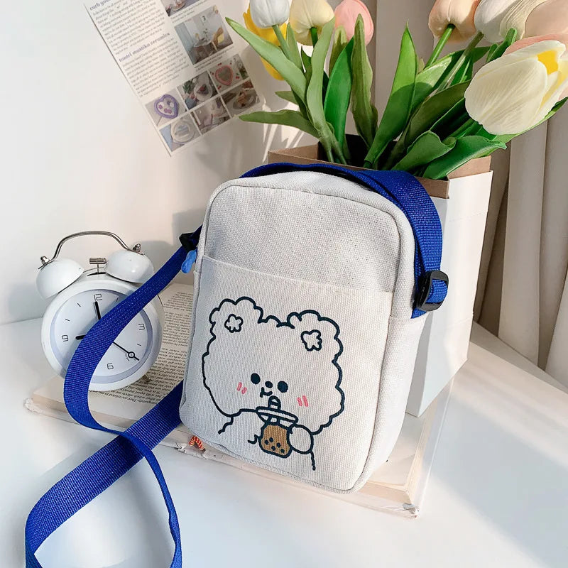 Cute Bear & Rabbit Print Crossbody Bag | Sophisticated Mini Canvas-Feel Square Purse | Elegant Cartoon Handbag for Women & Girls | Trendy Box-Shaped Shoulder Phone Bag with "Dignified" Soft Finish Luxegan