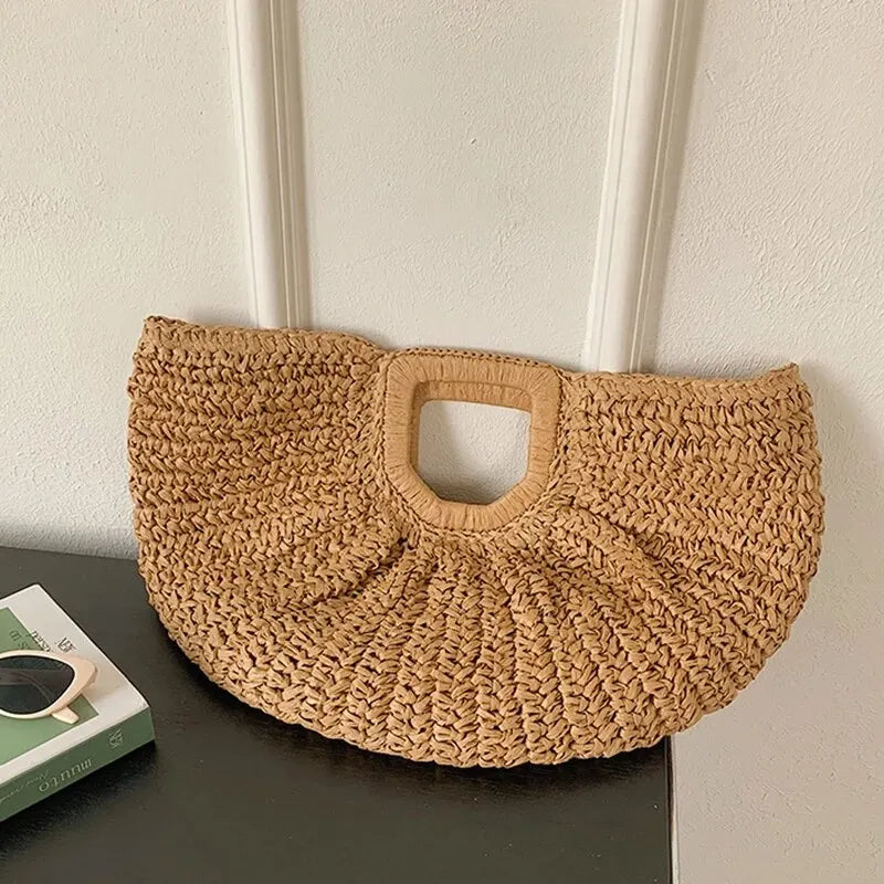 Summer Half-Moon Straw Beach Handbag | Sophisticated Handmade Rattan Handle Tote | Elegant Knitted Bohemian Shoulder Bag | Luxury Fashion-Forward Vacation Purse with "Dignified" Artisan Texture Luxegan