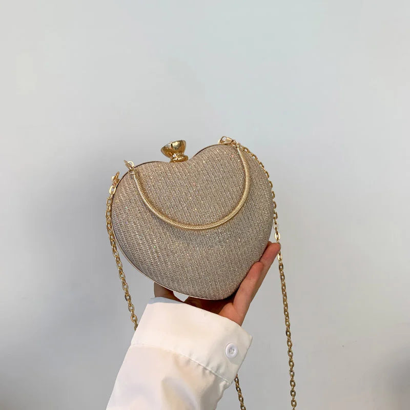 Shiny Heart Shape Metal Evening Clutch Bag for Women | Fashion Chain Shoulder Crossbody Bag (Luxury Lady Purse) Luxegan