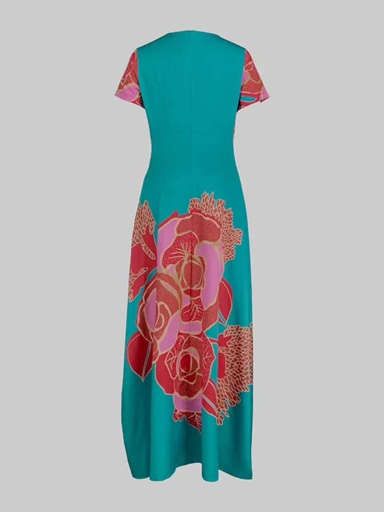 Floral Printed Party Dress | Sophisticated High-Waist A-Line Gown | Elegant "V-Neck" Silhouette | "Dignified" Floor-Length Summer Fashion for Radiant Versatile Party & Social Styling Luxegan