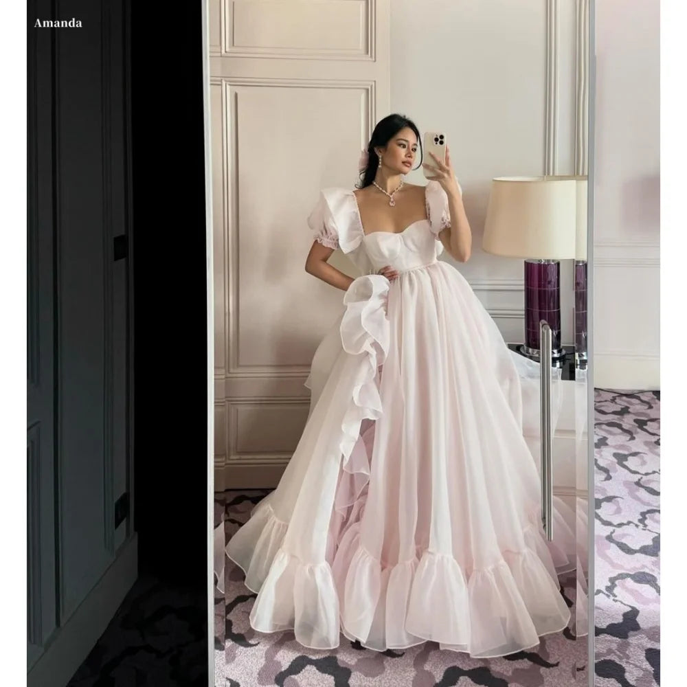 Charming Pink Organza A-Line Prom Dress | Spaghetti Strap Scoop Neck Formal Gown | Sleeveless Candy-Color Pastoral Floor-Length Evening Dress Luxegan