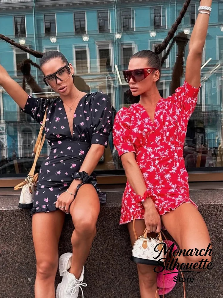 Print V-Neck Short Puff Sleeve Slim Fit Sheath Mini Dress – Natural Waist, Summer Luxegan