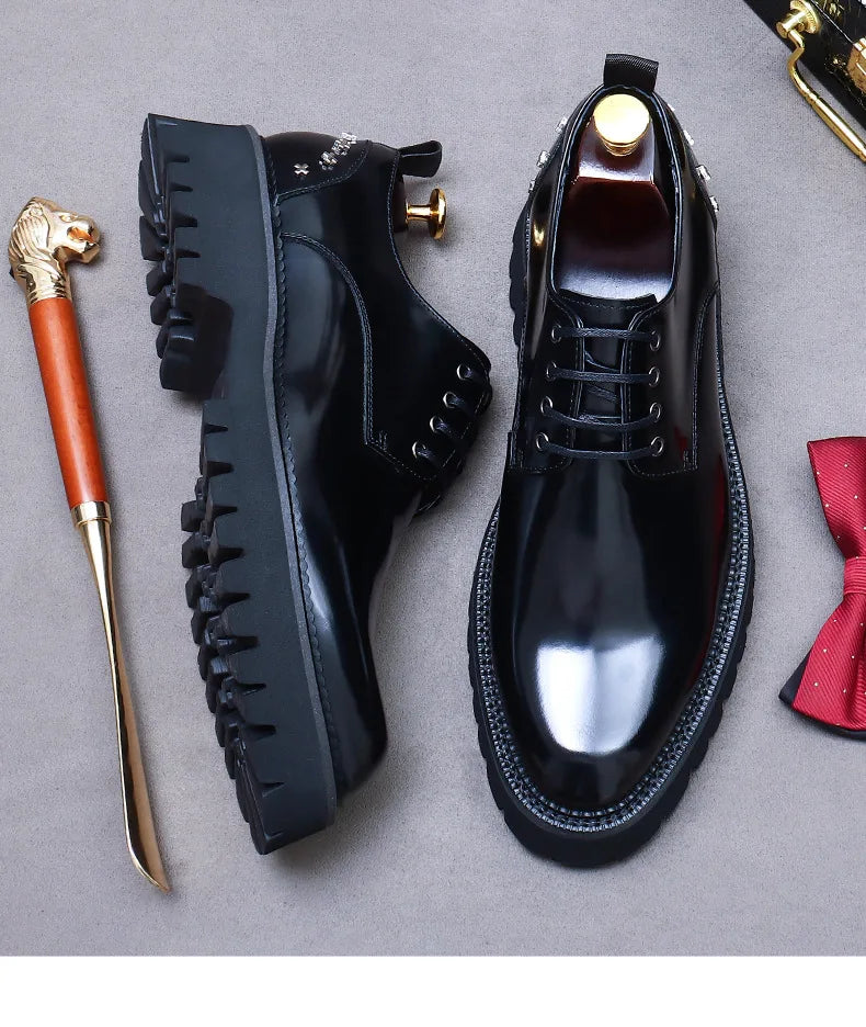 Men's New Business Dress Shoes | Sophisticated Thick-Sole Cowhide Derby Shoes | Elegant "Handmade Genuine Leather" Silhouette | "Dignified" Round Toe Wedding Shoes for Radiant Versatile Office & Career Styling Luxegan
