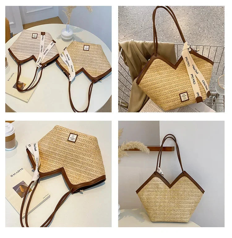 Vintage Handmade Woven Straw Beach Bag | Sophisticated Raffia Circle Rattan Shoulder Bag | Bohemian Summer Vacation Handbag | Fashion-Forward TPU & Polyester Casual Tote Luxegan