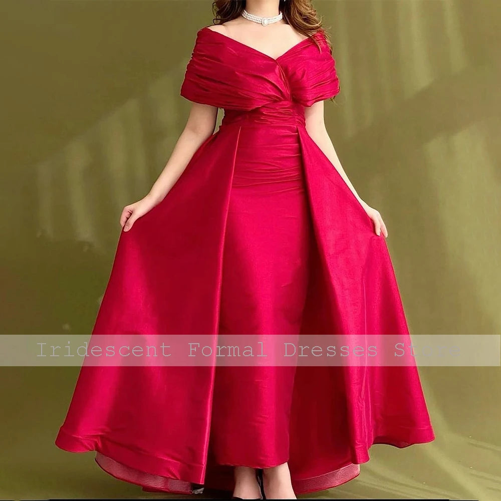 Elegant Red A-Line Formal Party Dress | Saudi Arabian Off-The-Shoulder Prom Gown | Premium Candy Color Taffeta Ankle-Length Evening Dress | Model 1005007952416057 Classic Sleeveless Pleated Gown Luxegan