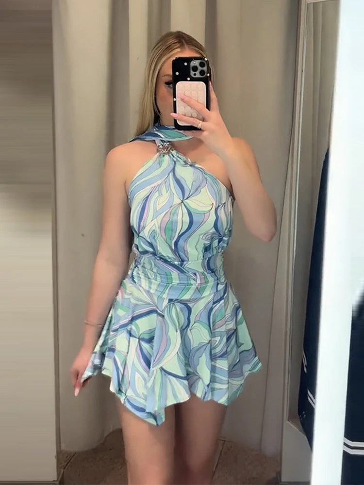 Print Backless Halter Mini Dress | High Waist Flared Hem Waist-Shaping Casual Trendy Dress Luxegan