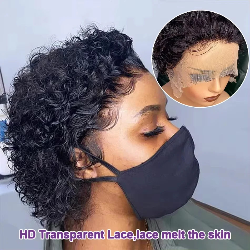 Short Curly Pixie Cut Wig - 13x4 & 13x1 Transparent Lace Frontal Human Hair Wig - Glueless Brazilian Remy Curly Short Bob Wig for Black Women (4-16 Inches, #1B Natural Color) Luxegan