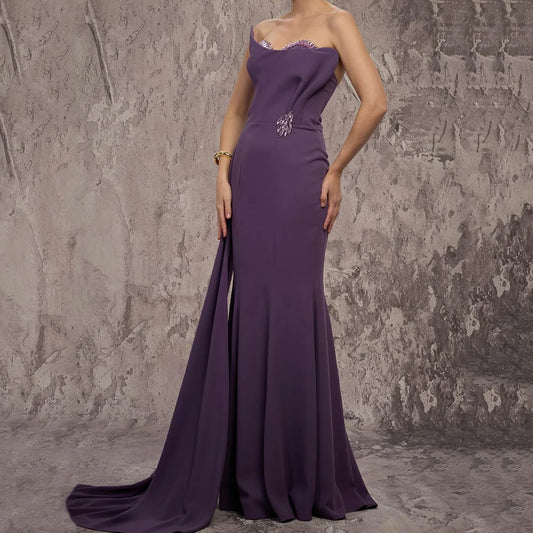 Crystal Draped Backless A-Line Evening Gown | Strapless Sleeveless Floor-Length Prom Dress Luxegan