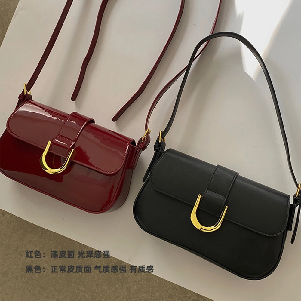 Retro Patent Leather Shoulder Bag for Women | Luxury Flap Crossbody & Solid Color Underarm Bag (Red Lady Handbag Luxegan